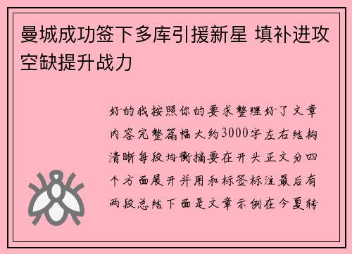 曼城成功签下多库引援新星 填补进攻空缺提升战力 曼城成功签下多库引援新星 填补进攻空缺提升战力