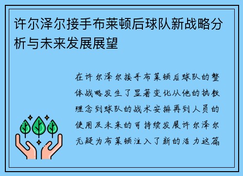 许尔泽尔接手布莱顿后球队新战略分析与未来发展展望